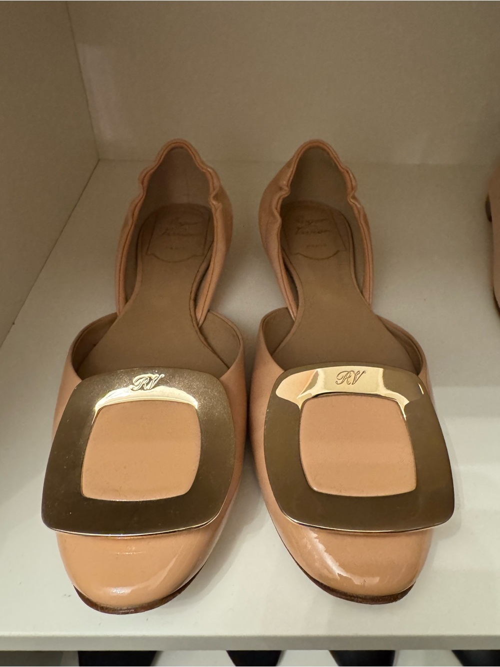 Roger Vivier Chips D’orsay Nude Patent Leather Flats with Silver Square Buckles